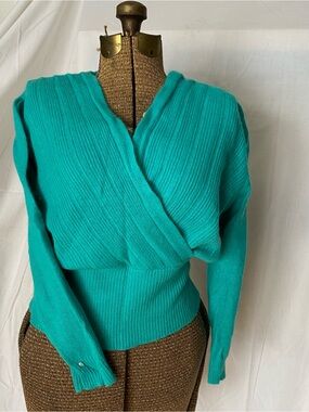 Vintage Teal Angora and Wool Wrap V-Neck Sweater